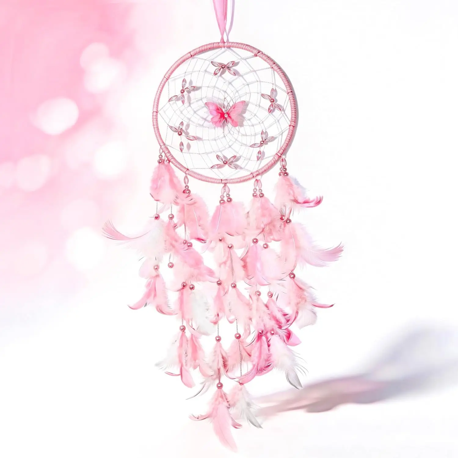 Dream Catcher for Girls, Butterfly Center, Pink & White Mixed Feathers with Clear Beads, Pink Bedroom Decor, Includes Decorative Box & White Raffia