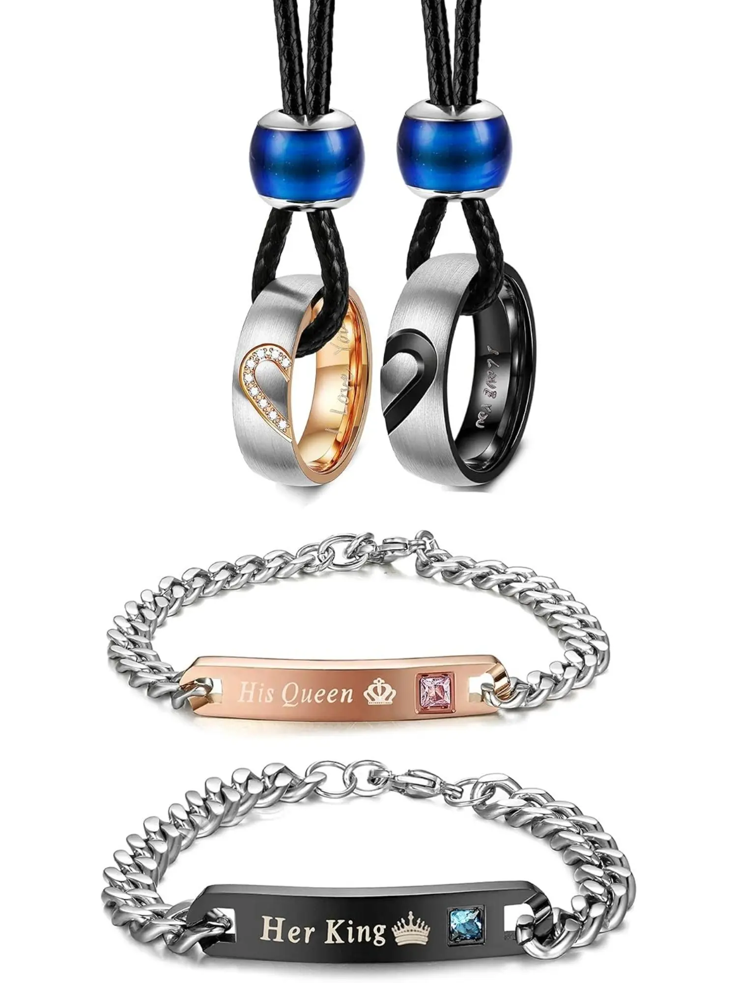 4Pcs His Queen Her King Couple Jewelry Set, Matching Half Heart I Love You CZ Promise Ring Pendant Necklaces & Cuban Link Bracelets, Hypoallergenic Stainless Steel Lovers Valentine Gift For Men Women