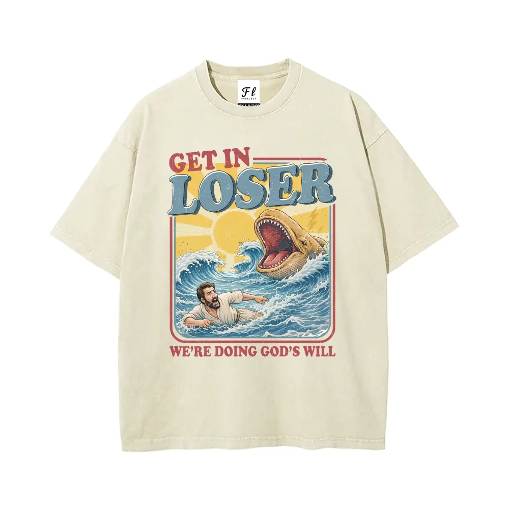 Unisex GET IN LOSER Vintage Waves, Giant Whale & Figure The Book of Jonah Graphict Washed T-Shirt Personalized Pattern Y2k Clothing Round Neck Washed T-Shirt,Women's Clothing 100% Cotton, Menswear, Top, Vintage Style,Summer Casual Oversized