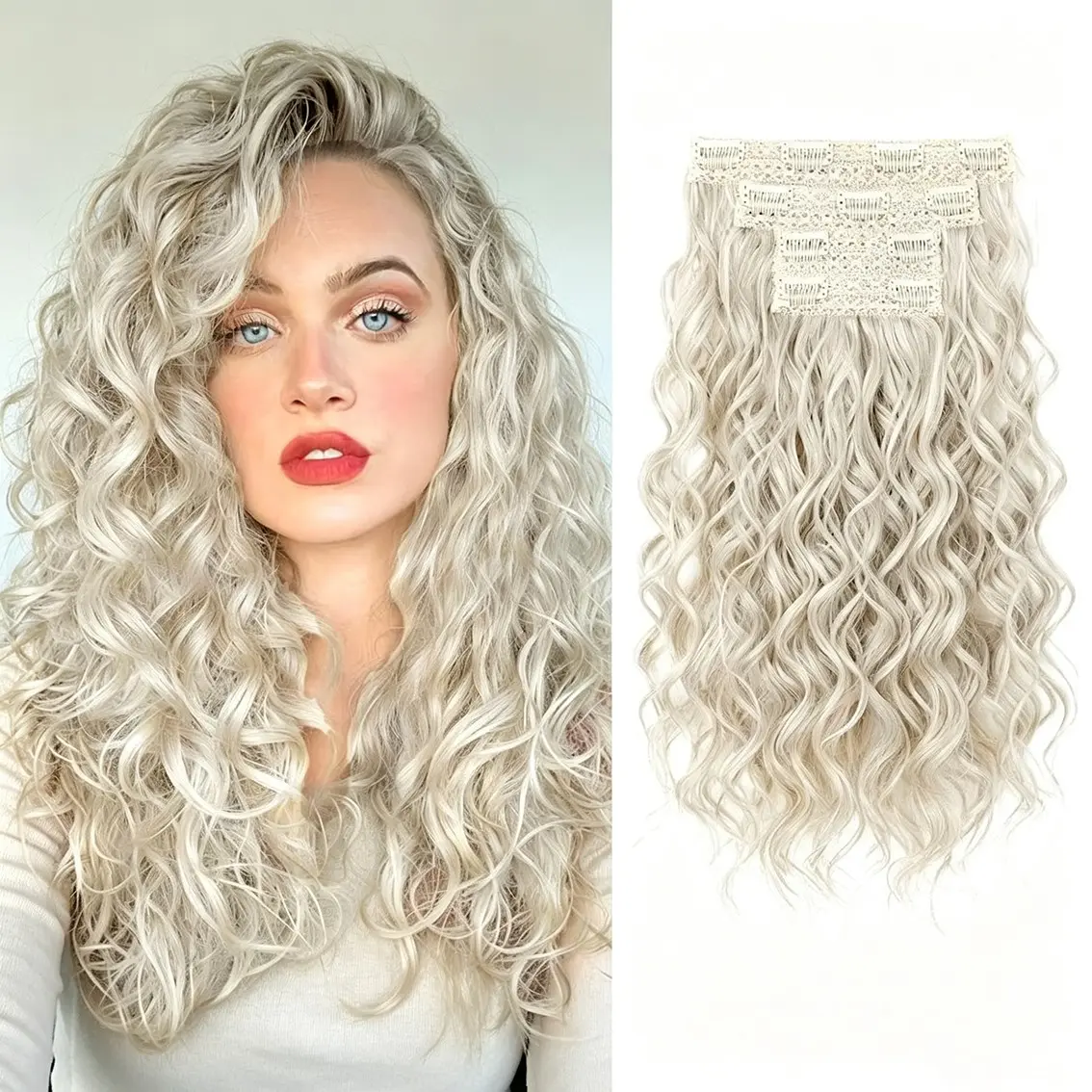 Six-Piece Long Wavy Hair Extensions Set, Invisible Seamless Hair Growth, Lazy Wave Texture, Realistic Curl Hair Pieces, Clip-On Wig