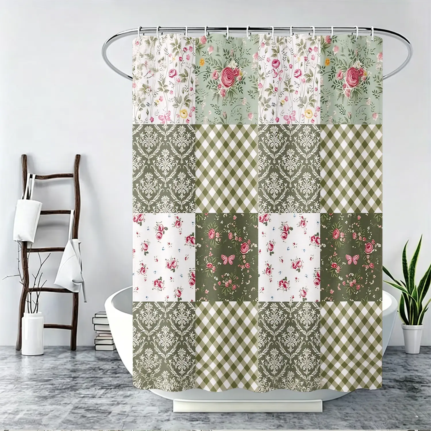 1pcs Spring Farmhouse Patchwork Shower Curtain, Sage Green Gingham Plaid, Damask Scroll Pattern & Vintage Pink Rose Floral Butterfly Spliced Print, Rustic Cottagecore Easter Holiday Style Fabric Curtain For Bathroom Interior Home Decoration