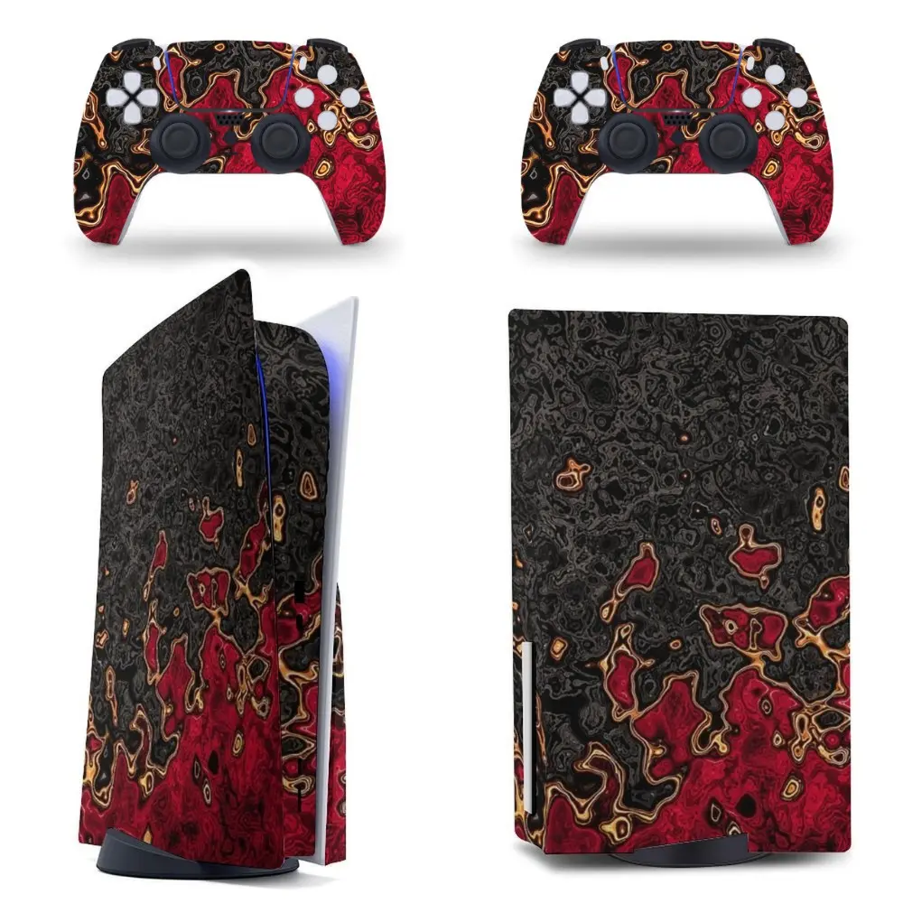 Red Black Molten Lava Pattern Vinyl Skin Sticker Set Compatible with PS5, PS5 Slim, or PS5 Pro Models, Stickers for 1 Console and 2 Controllers, Stickers Only, Console and Controllers Not Included, Aesthetic Stickers