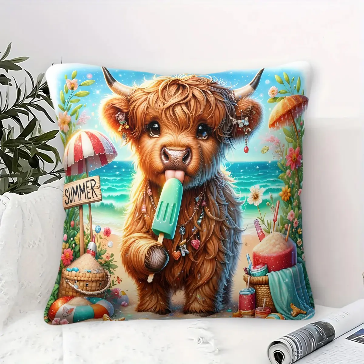 Summer Highland Cow Pattern Throw Pillow – Accent Pillow for Kids' Gifts; Beach Popsicle & Seaside-Themed Print Cushion; Tropical Farm Cartoon Animal Style Home Decor; Soft & Comfortable for Leisure or Office Use (45x45cm, 1 Piece, Insert Included)