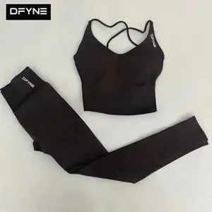 DFYNE Seamless Strappy Tank Top & Leggings Set| Padded Criss-Cross Backless Longline Sports Bra with High Waisted Yoga Pants 2-Piece Outfit