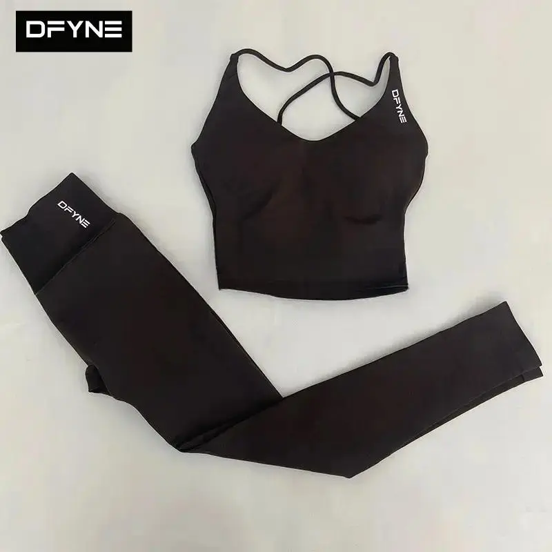 Dfyne Women's Seamless 2-Piece Exercise Clothing Set - Padded Strappy Back Longline Sports Bra, High Waisted Gym Leggings, Fitness Outfit Athleisure, Co Ord Women's Sportswear Set, Active Outfit, Women's Gym Wear
