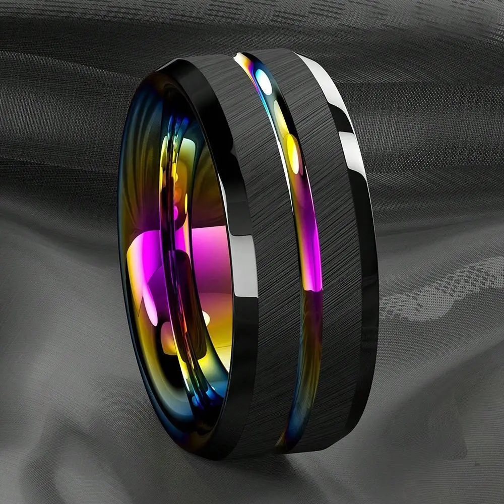 Men's 8mm Rainbow Groove Stainless Steel Ring - Black Brushed Wedding Band with Metallic Detailing, No-Bracket Design, Metallic Detailing Rings, No-Bracket Rings