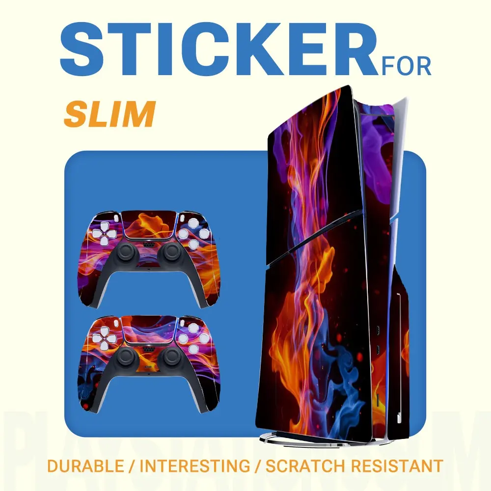 Ps5 Slim Vinyl Stickers Set, Flame Smoke Abstract Art Design, Waterproof Scratch-Resistant Removable Decals for Console & Controllers