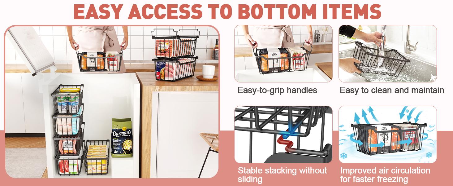 VANCASTLE Freezer Organizer Bins with Foldable Handle, Stackable Freezer Baskets for 3.5-7 Cu.FT Deep Chest Freezer Organization, Coated Metal Freezer Storage Bins with Better Space Utilization