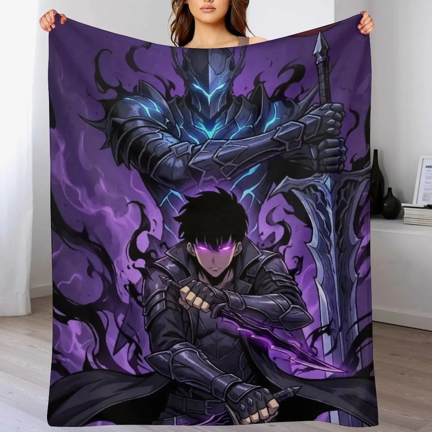 Solo Leveling Flannel Fleece Blanket, Soft Warm Anime Throw Blanket for Couch Bed, Igris Shadow Soldier Manga Gift for Fans Teens Adults