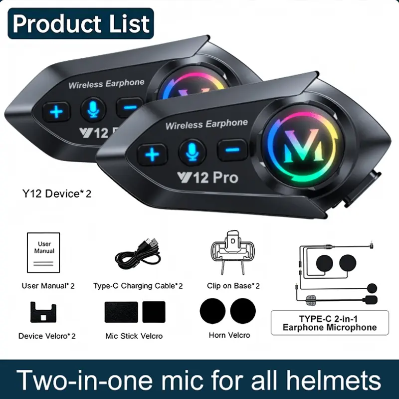 2PCS Y12PRO Motorcycle Wireless Intercom Headset with LED Lights, Bluetooth 5.3, Wind Noise Cancellation, HD Mic, 20H Long-Lasting Battery, Tool-Free Quick Install, Universal Helmet Fit for Uninterrupted Riding Calls