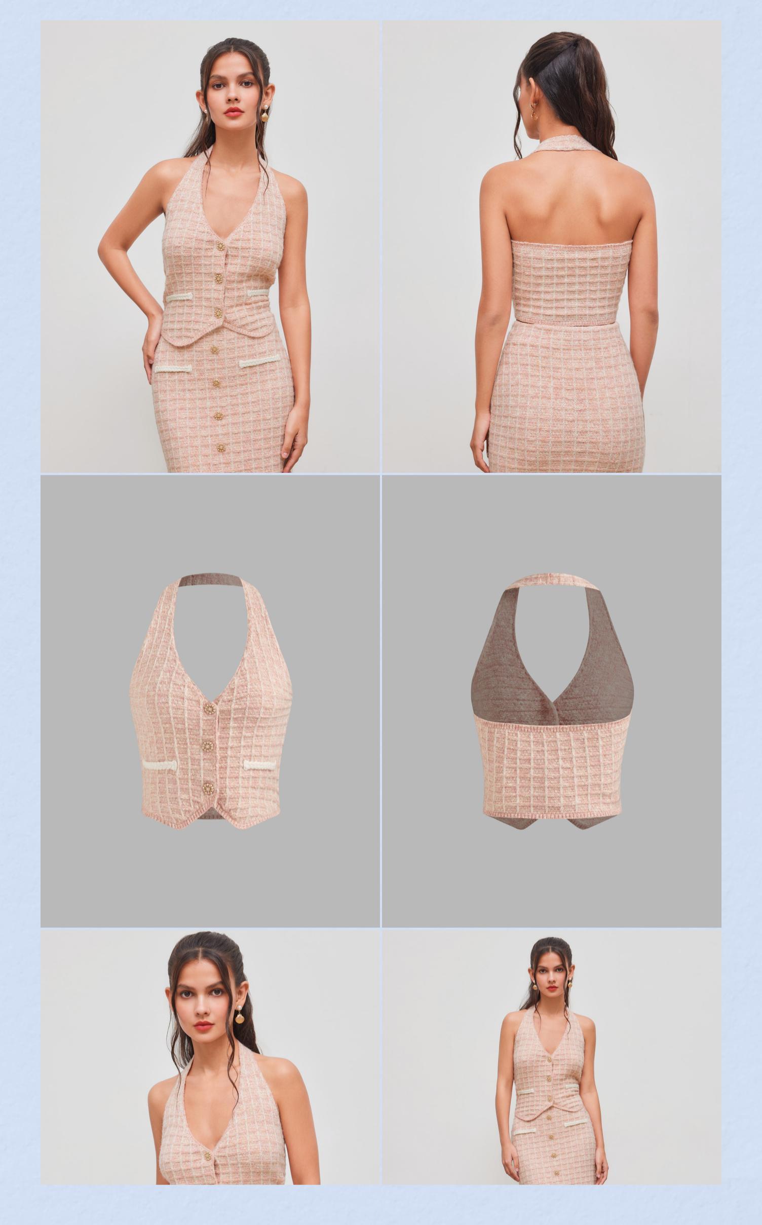 Cider [size 2-10] Knit Halter Neckline Check Button Crop Top
