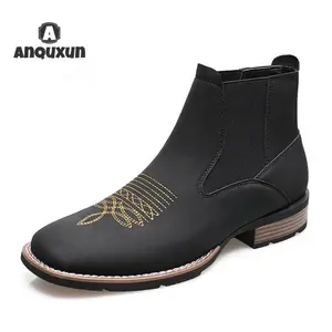Anquxun Men's Western Cowboy Boots Square Toe Chelsea Ankle Boots Casual Retro Fashion Classic Comfort Simple Stylish Khaki Black Gray Footwear Outdoor Fun Closed Shoes