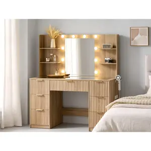 [Summergarden][Fathersdaygift] AMERLIFE 36.2/47.2" Fluted Vanity Desk with Mirror and Adjustable LED Lights, Large 4/7 Drawers Makeup Table with Glass Top and Charging Station for Women and Girls, Bedroom or Dorm/Best Gift Ideas/Christmas Gifts