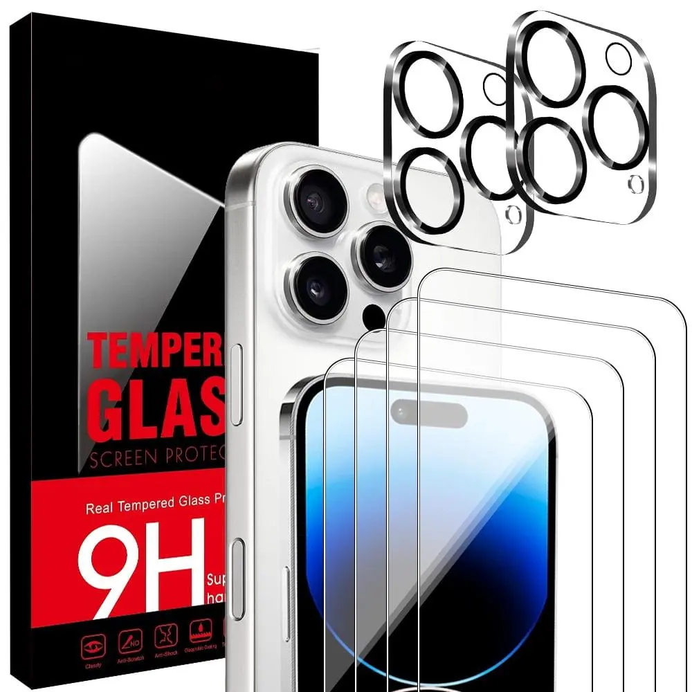 9H Hardness iPhone 15 Pro Max Tempered Glass Screen Protector Set (4+2 Pcs) - Protective Transparent Screen & Lens Guards, Fingerprint-Proof, Easy Installation, Full Cover Protection Phone Accessories, Fingerprint-Proof Phone Screen Protectors