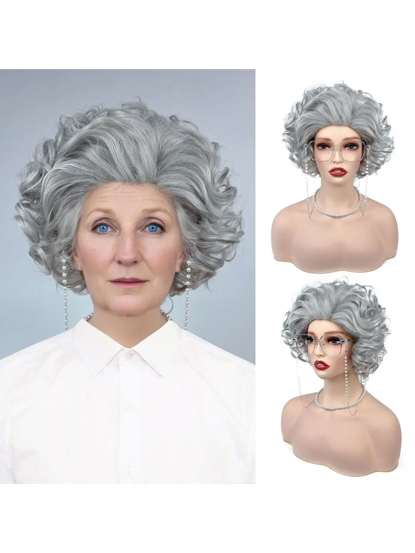 High Quality Grey Curly Lace Front Wig for Women Halloween Granny Costume Trendy Lightweight Breathable Synthetic Hair for Daily Life Street Fashion Photo Shoot