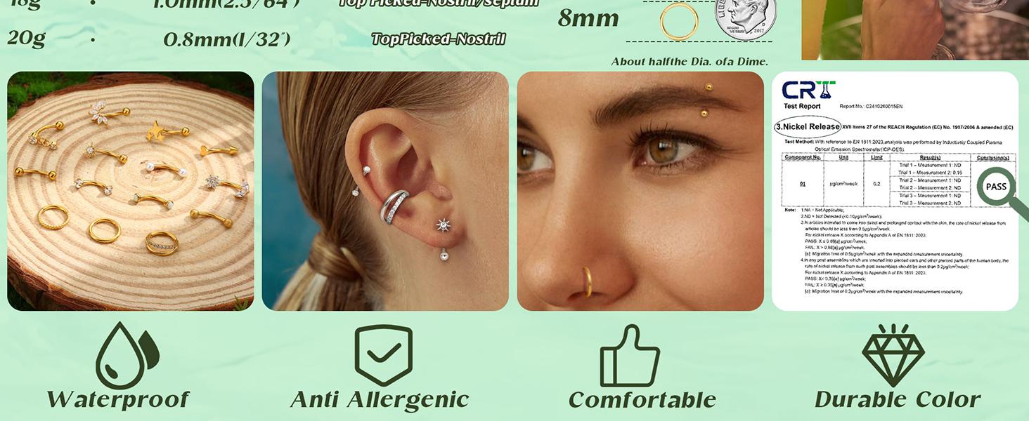 DB- 16G Ear Cartilage Piercing Jewelry, Medical Grade Steel Vertical Lip Stud, Gold Eyebrow Stud, Ear Cartilage Earrings, Women's Cartilage Bend Barbell Ear Cartilage Surface Tragus Piercing Jewelry, 14-Piece Pack-DB