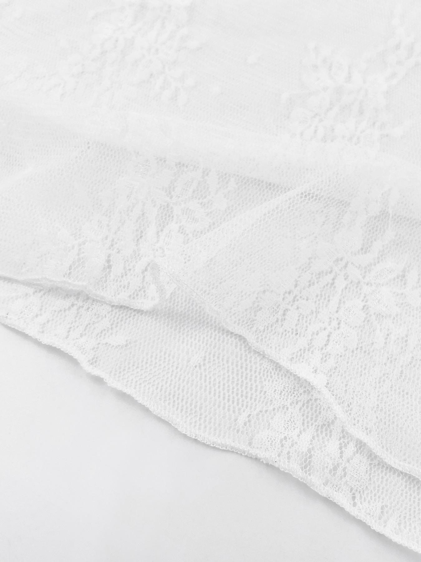 Women's Plus Size Sheer Lace Overlay Cropped Long Sleeve Top, Sexy Slim-Fit Summer Fashion Tee, Trendy Plain Color Underlayer Shirt