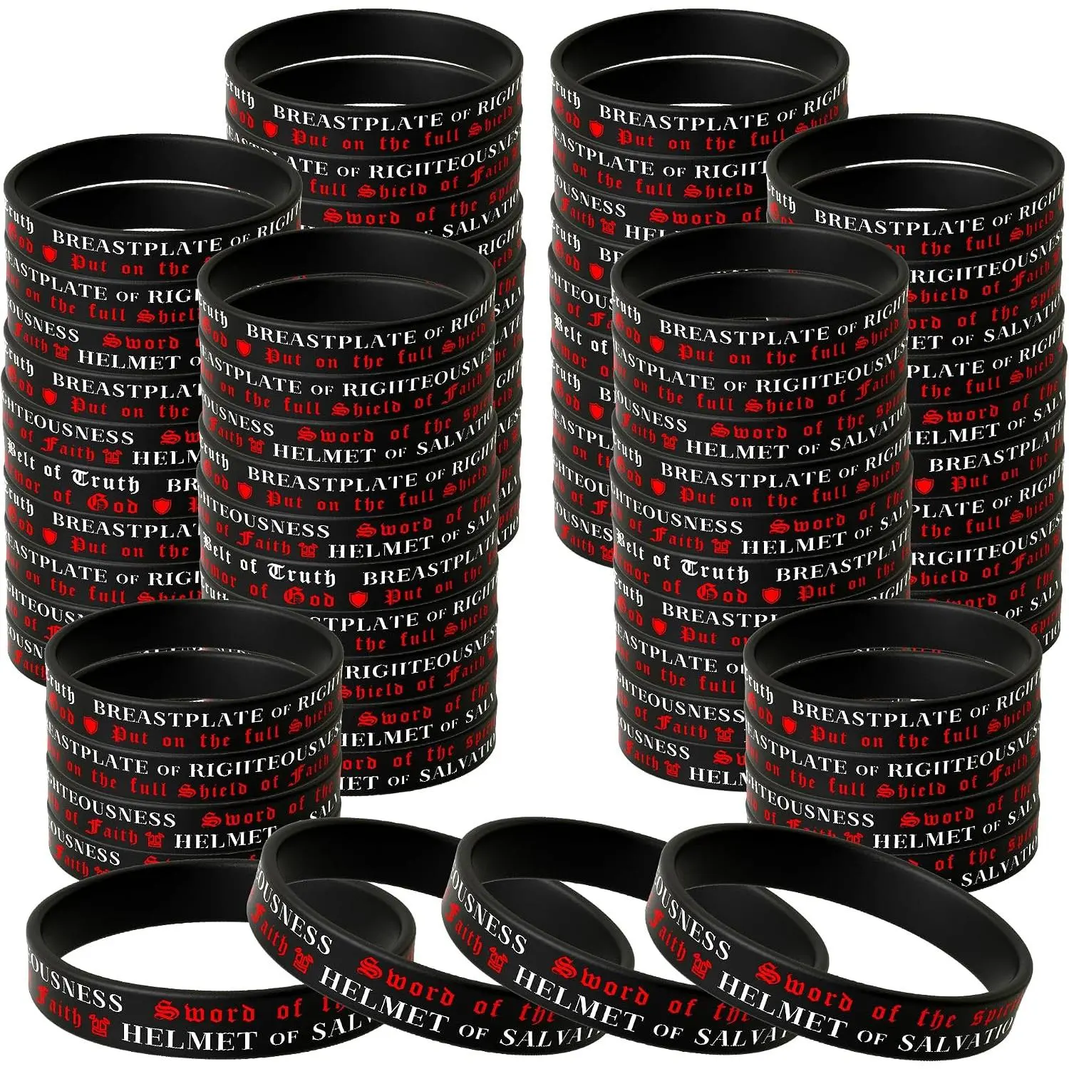 Armor of God  Wristbands, Ephesians 6:10-18  Verse Rubber Bracelets, Christian Motivational Wrist Bands for Church, Sunday School, Youth Group, Prayer Events, Religious Party Favors and Faith Gifts