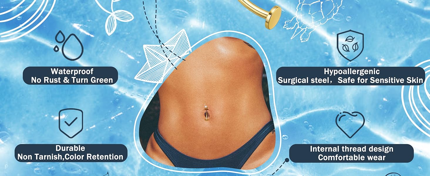 YADOCA 7PCS Floating Belly Button Ring for Women Hypoallergenic Surgical Stainless Steel Belly Rings Internally Threaded CZ Opal Long Bar Navel Barbell Flat Back Belly Piercing 12/14MM Silver Gold