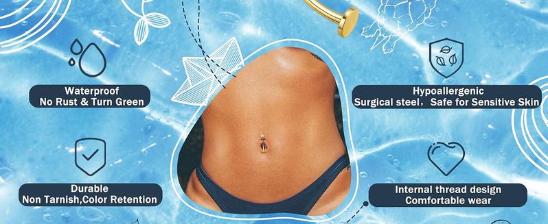 YADOCA 7PCS Floating Belly Button Ring for Women Hypoallergenic Surgical Stainless Steel Belly Rings Internally Threaded CZ Opal Long Bar Navel Barbell Flat Back Belly Piercing 12/14MM Silver Gold