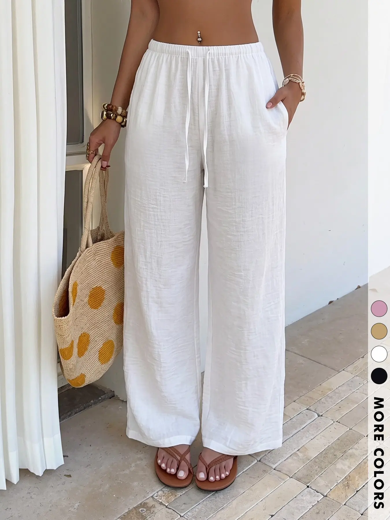 Solid White Lightweight Airy Crinkle Woven Drawstring Elastic High Waist Side Inseam Pocket Wide Leg, Loose Long Pants Women Breathable Minimal Coastal Y2K Daily Coffee Beach Street Indoor Spring Summer Lazy Casual Vacation Lounge Trousers