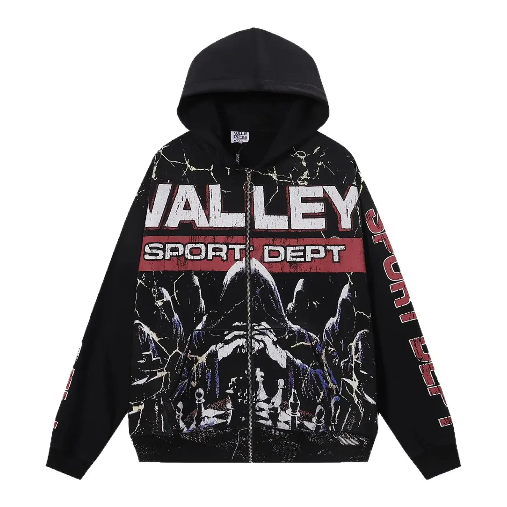 VALLEY SPORT DEPT Grim Reaper Chess Full Print Vintage Washed Zip Up Hoodie 100% Cotton Loose Oversized Y2K Gothic Sweatshirt Autumn Winter Streetwear Jacket Unisex
