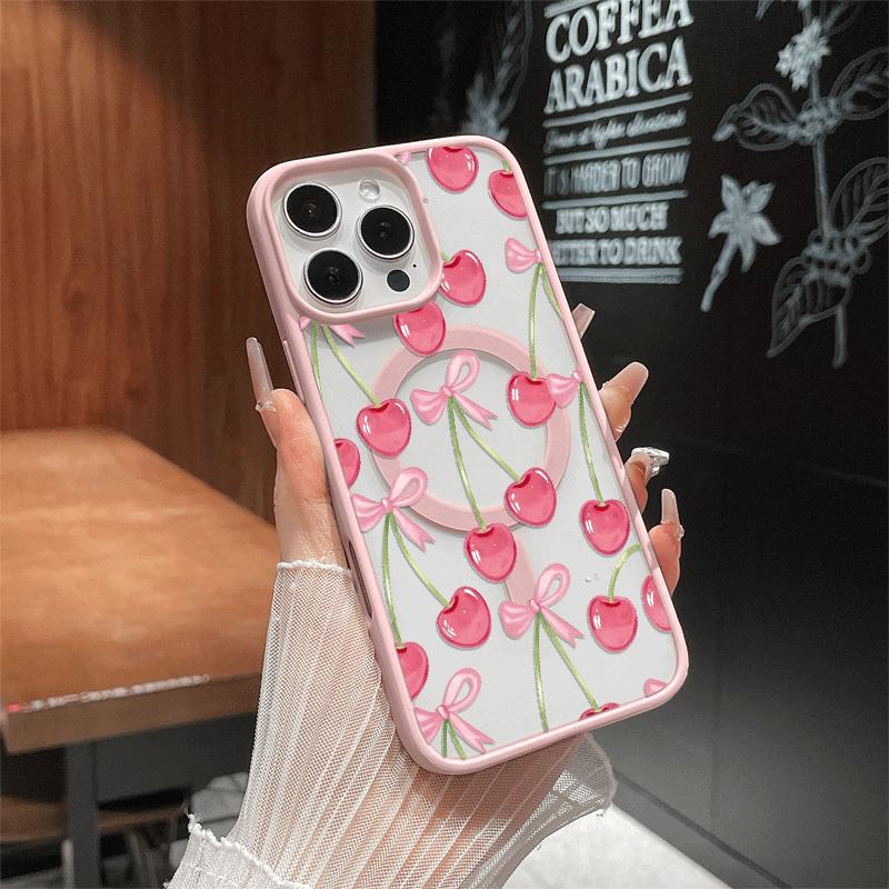 Aesthetic Magnetic Compatible Case for iPhone 17 Pro Max / 16 / 15 Pro Max / 15 / 14 / 13 / 12 / 11 / XS / XR – Cute Cherry Pattern Print | Shockproof Silicone Lightweight Scratch-Resistant Protection