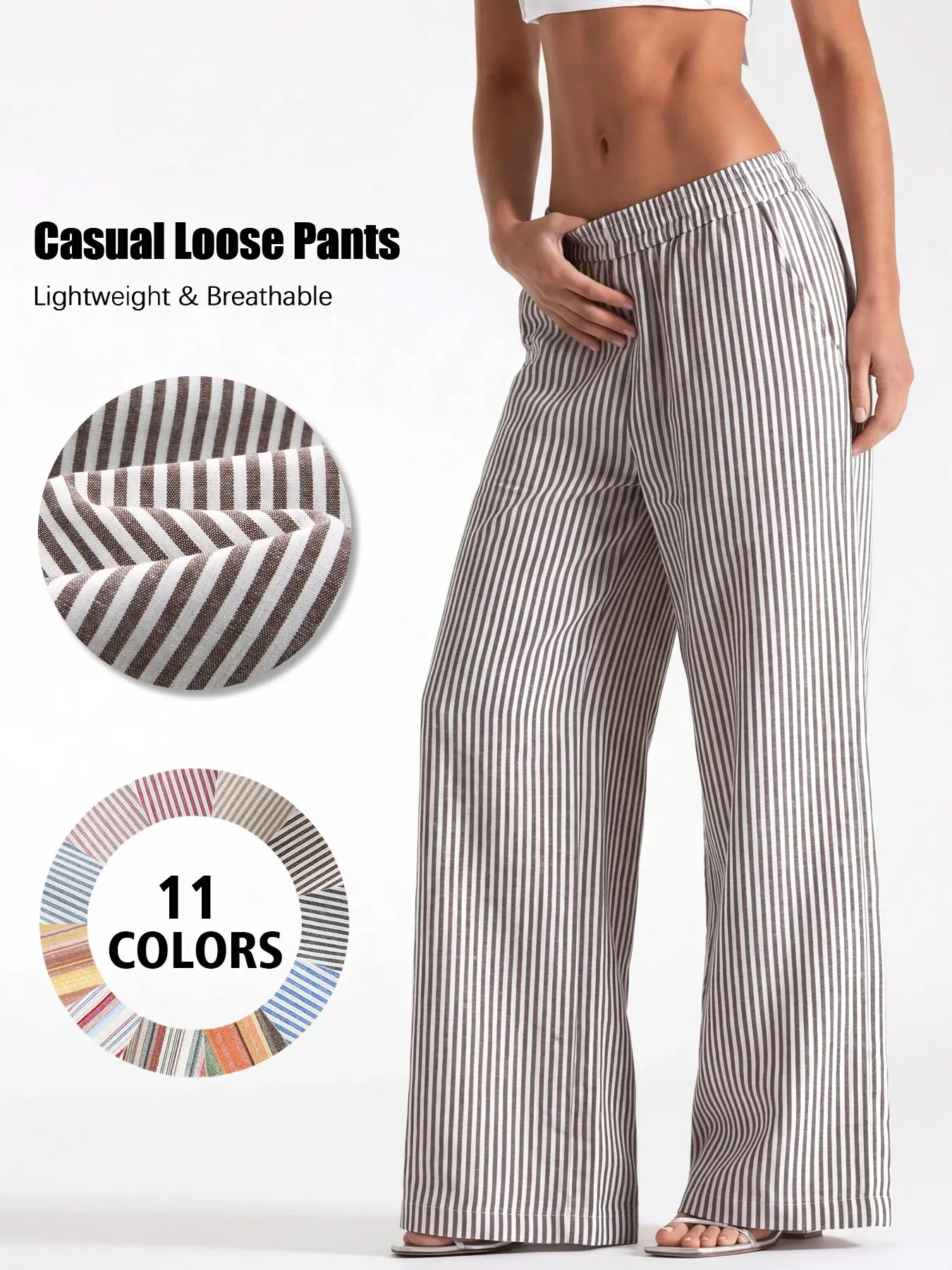 Women's Linen-Feel Draped Vertical Stripe Trousers, Elastic-Waist Straight-Leg Bottom, Lightweight Breathable Summer Pants