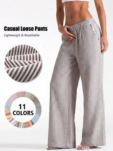 women's striped print linen pants, casual comfy elastic waist trousers for outdoor wear, ladies bottoms for all seasons, gym clothing, womenswear, wide legged pants