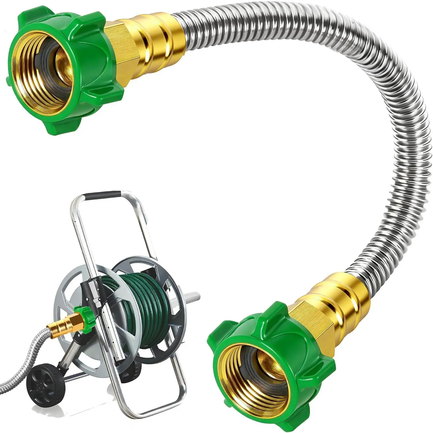 Female to Female Short Garden Hose Adapter 1FT,Hose Reel Connecting Hose | Stainless Steel Leader Hose Connector for Hose Reel,Flexible,Kink-Free & No Leak Outdoor Water Pipe Extension Adapter
