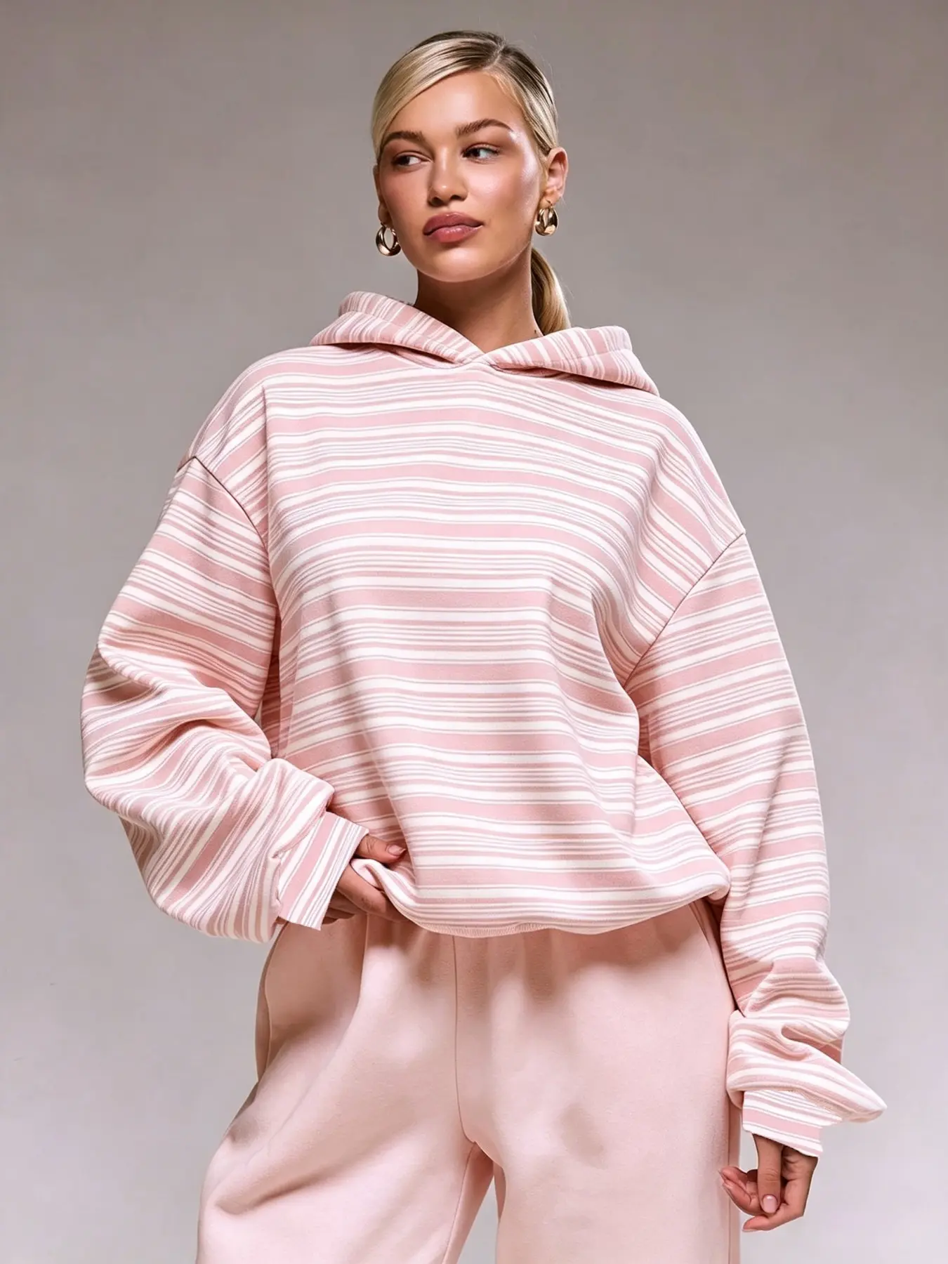 Women Pink White Striped Crop Hoodie, Oversized Long Sleeve Hooded Sweatshirt, Casual Loose Short Hoody, Daily Basic Soft Lounge Streetwear Pullover Top