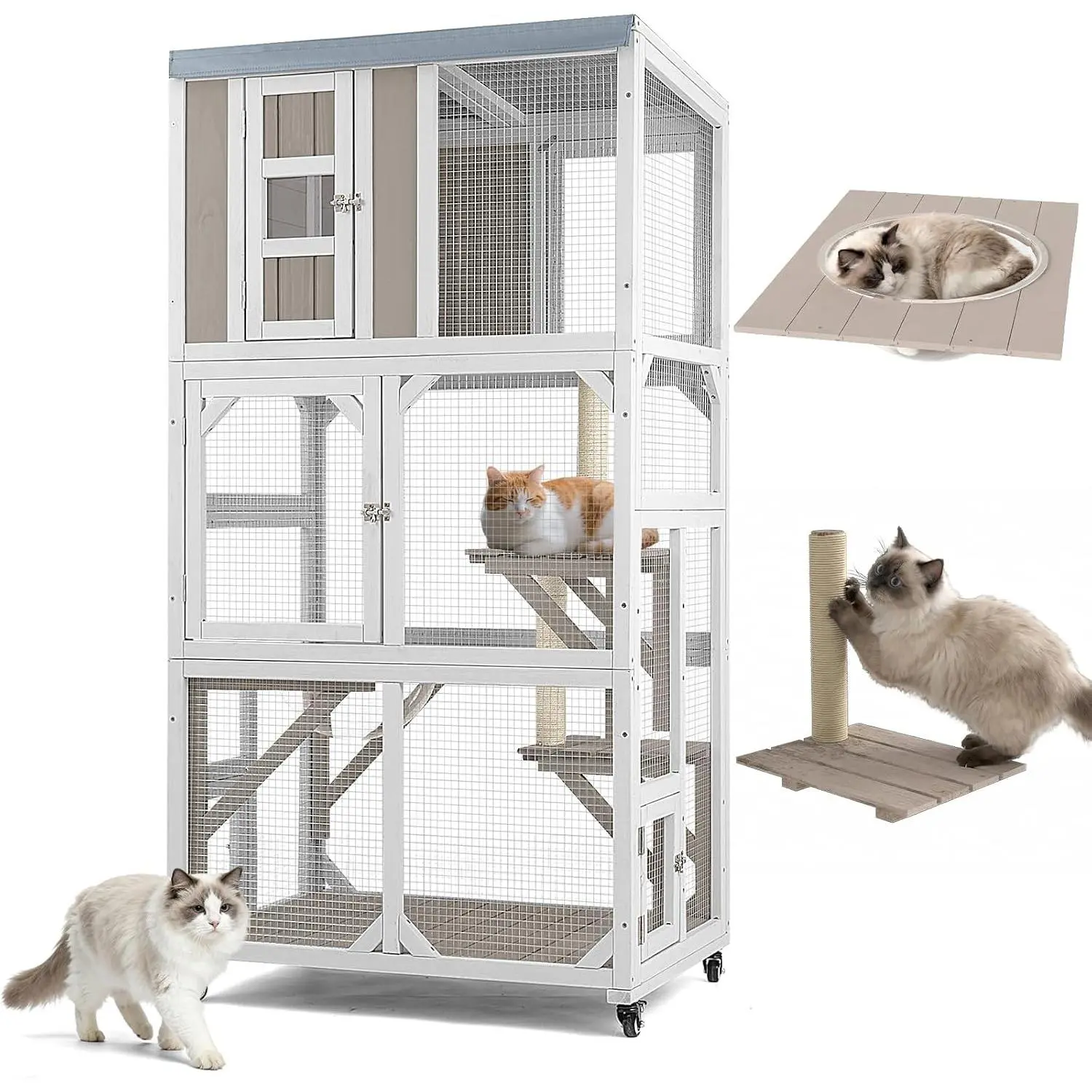 Outdoor Cat Enclosure with Wheels & Weatherproof Roof, Large 63" Window Cat House with 3 Platforms, Acrylic Dome, Portable Kitty House for Indoor Cats