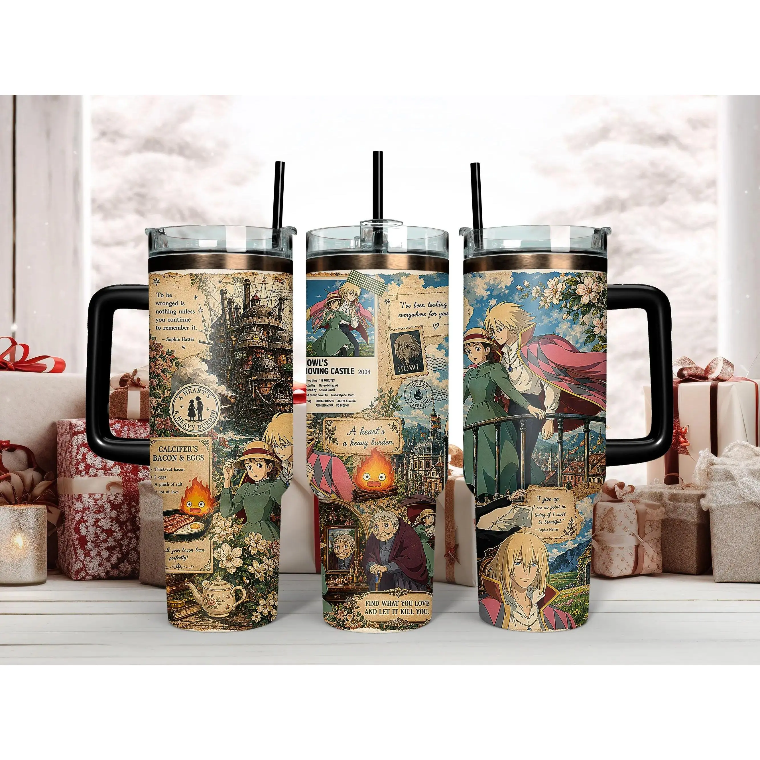 40oz Insulated Stainless Steel Studio Ghibli Howl's Moving Castle Vintage Collage Straw Tumbler - Portable Reusable Water Bottle with White Handle, Straw, Lid, Anime Art, Howl, Sophie, Calcifer, Classic Quotes for Miyazaki Fans