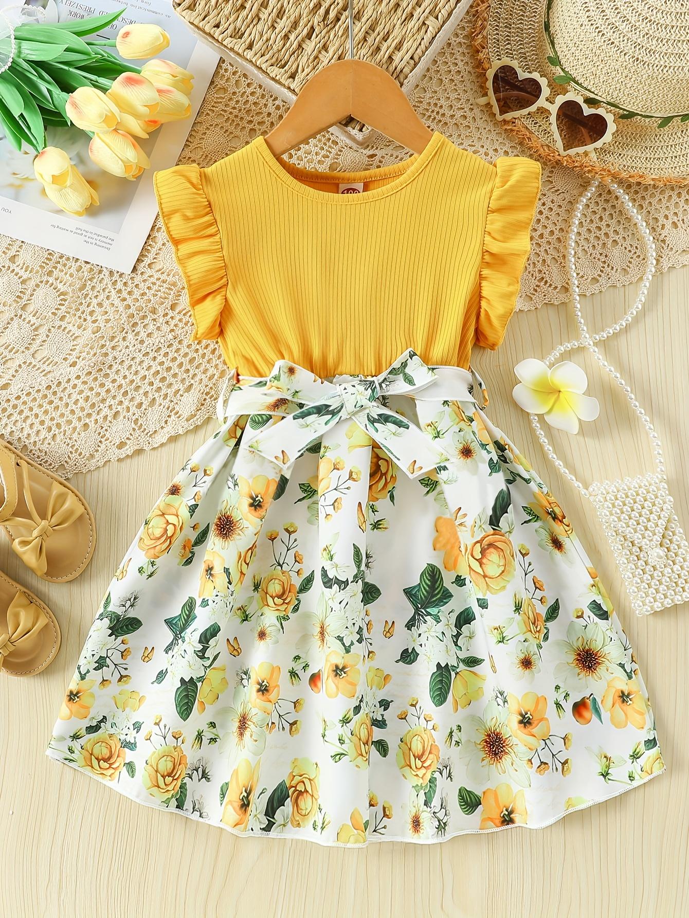 Girls' Patchwork Yellow Romantic Floral Print Dress with Belt, Elegant Princess Skirt Party and Evening Wear, Soft, Suitable