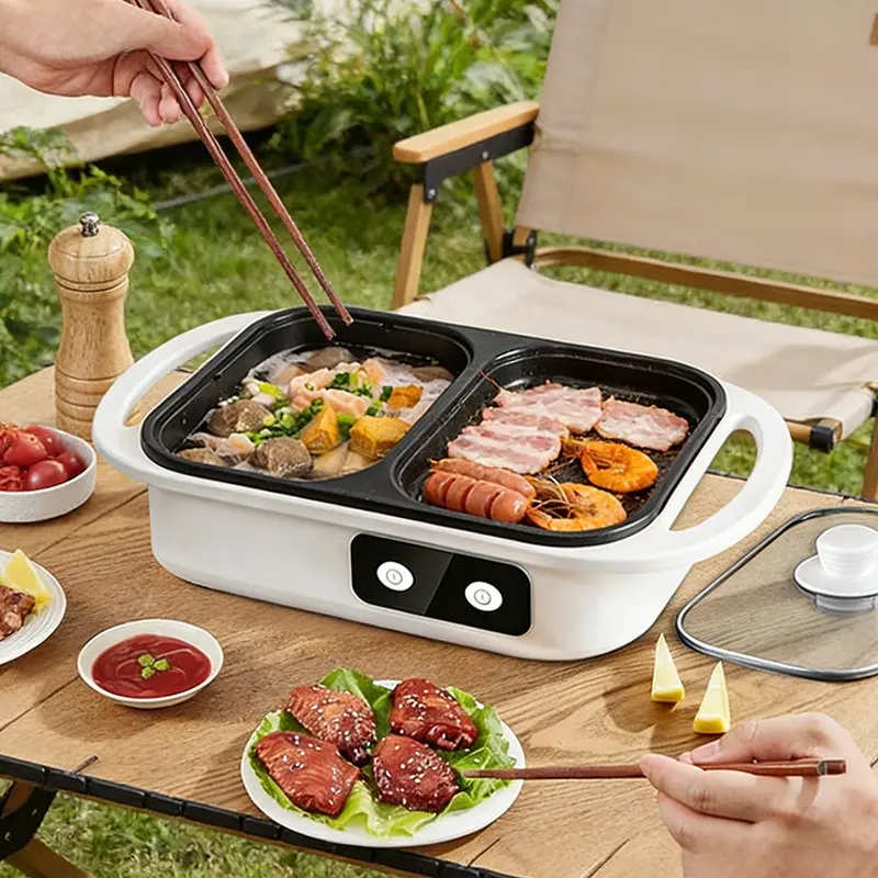 US Plug Multi-functional Electric Hot Pot and Smokeless Grill, Household Small Electric Hot Pot, Electric frying pan Cooking Pot For 1-3 People, 1300W, Kitchen Accessories For Korean BBQ, Shabu Shabu and Soup, White