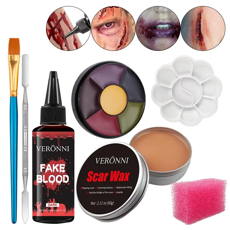 Halloween Special Effects Makeup Set, 7-Piece Zombie Horror Cosplay Kit, Realistic Wound Scar Wax, Blood Plasma Tools, Party Halloween Makeup
