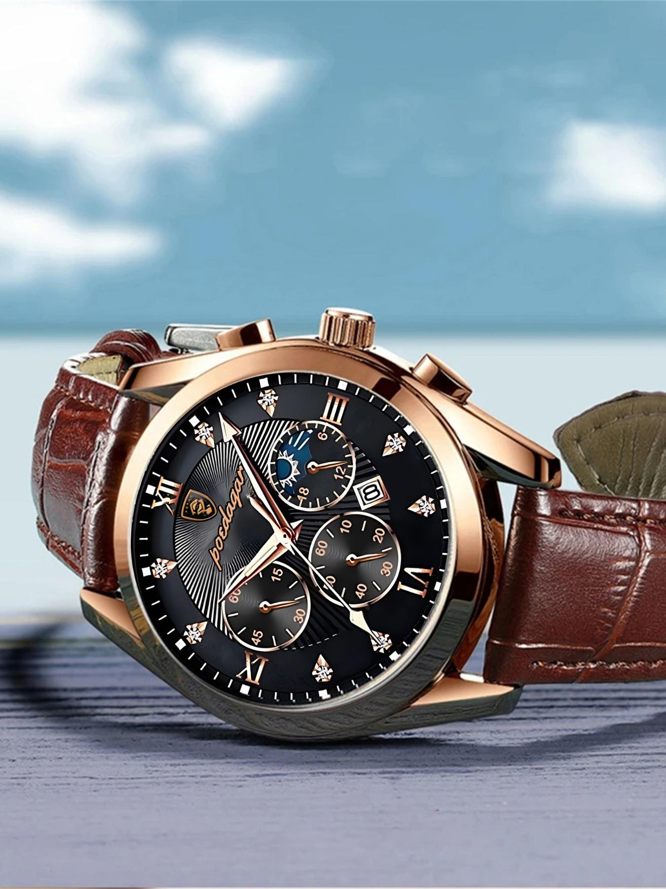Classic Leather Men's Watch, Business Fashion Watches, Strap, Luminous Analog Watch, Luminous Hands, Calendar Function, Stainless Steel Case, Quartz Movement, Business Style Gift, Quartz Analog Wristwatch detail 4