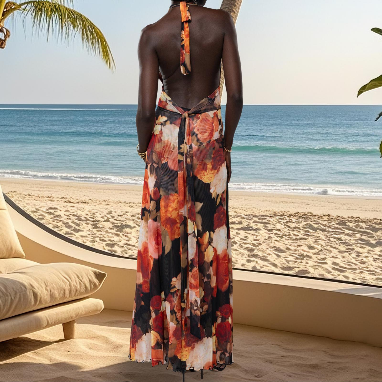 Women Long Dress, Sleeveless Halter Dress Backless Flower/Dots Print Summer Cocktail Dress Casual Light sundress Cotton Candy Outfit Beach Outfits #TiktokShopBacktoSchool
