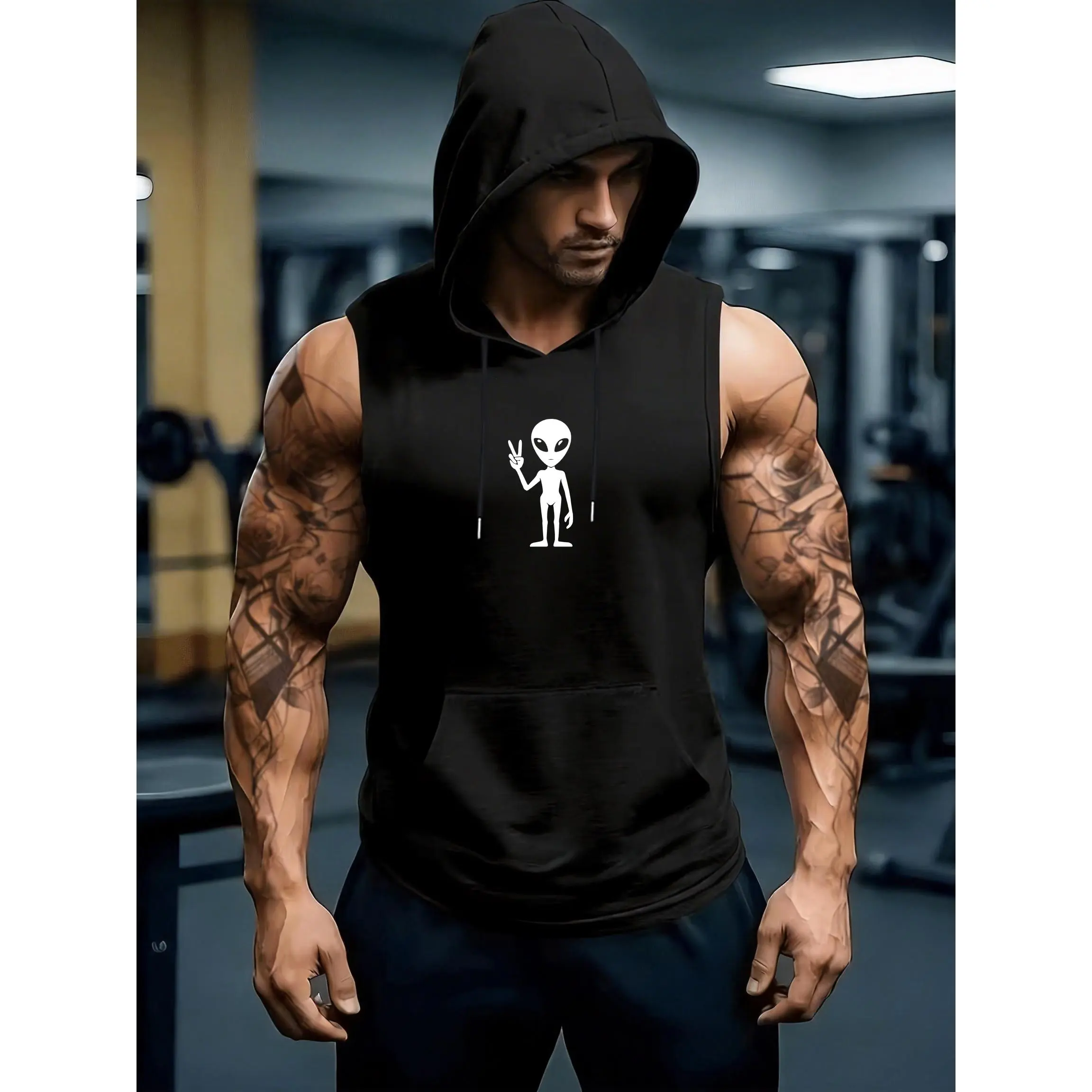 New Summer Men'S Casual Sports Sleeveless Hoodie T-Shirt with Kangaroo Pocket Design, Featuring an Alien Print, Perfect for Outdoor Activities