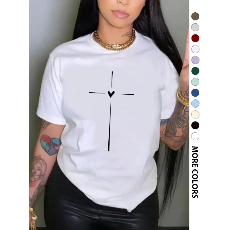 Women's Soft Cotton Cross & Heart Graphic T-Shirt, Round Neck Short-Sleeve Street Style Top, S–5XL Unisex All-Season Casual Comfy Breathable Fit Stylish Daily Wear Clothes
