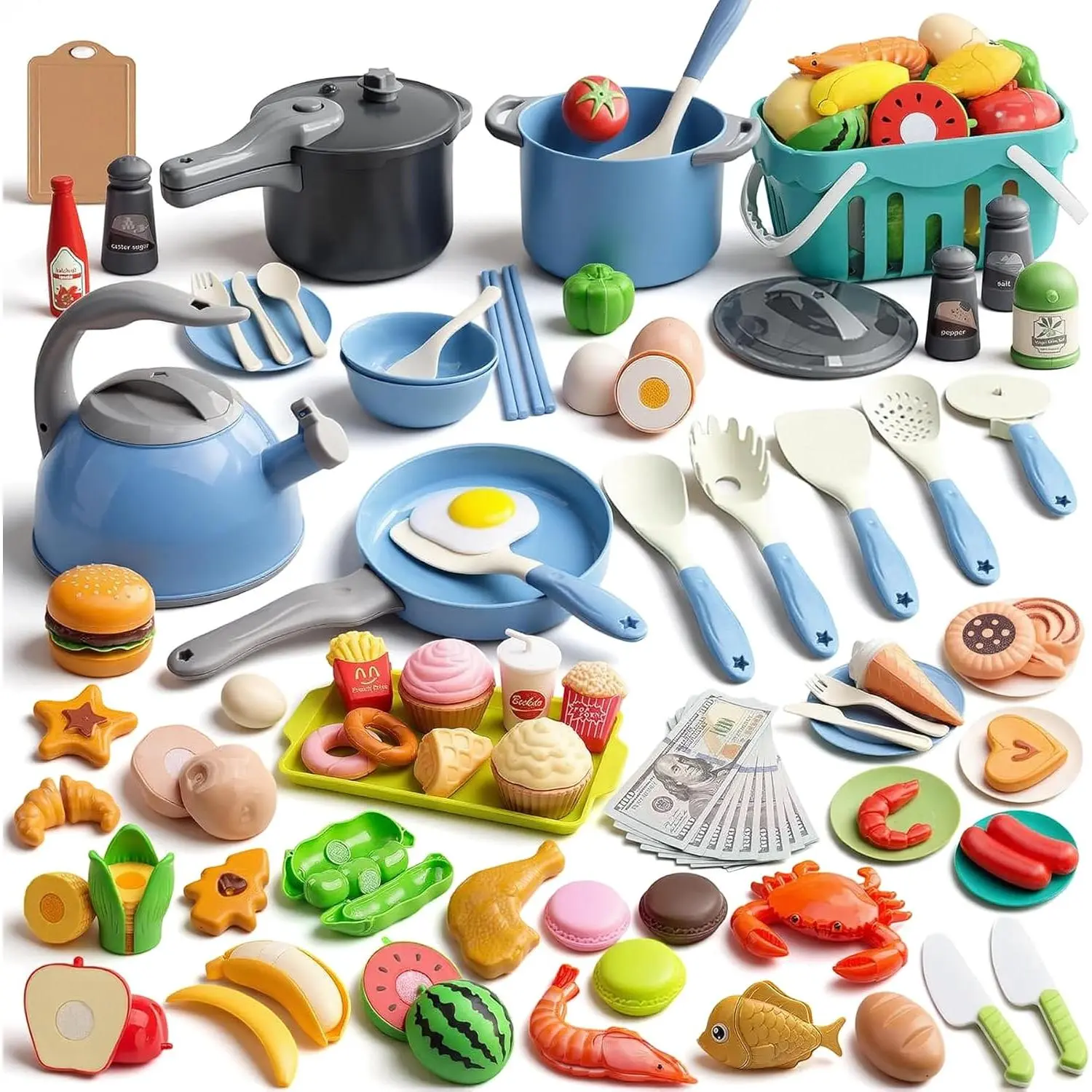 130Pcs Kitchen Playset, Toddler Pretend Cooking Play Pots, Pans, Utensils Cookware, Daily Food Fruit Veges, Shopping Storage Basket, Dessert, Prop Money, Learning Gift for Child (Blue)fidget toys