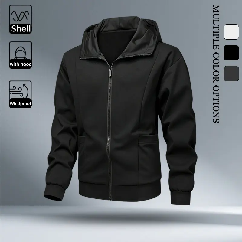 Multi Tone Men Lightweight Heather Knit Zip Hood Jacket, Windproof Breathable Fixed Hood Casual Outerwear for Teenagers Middle Aged Daily Sports