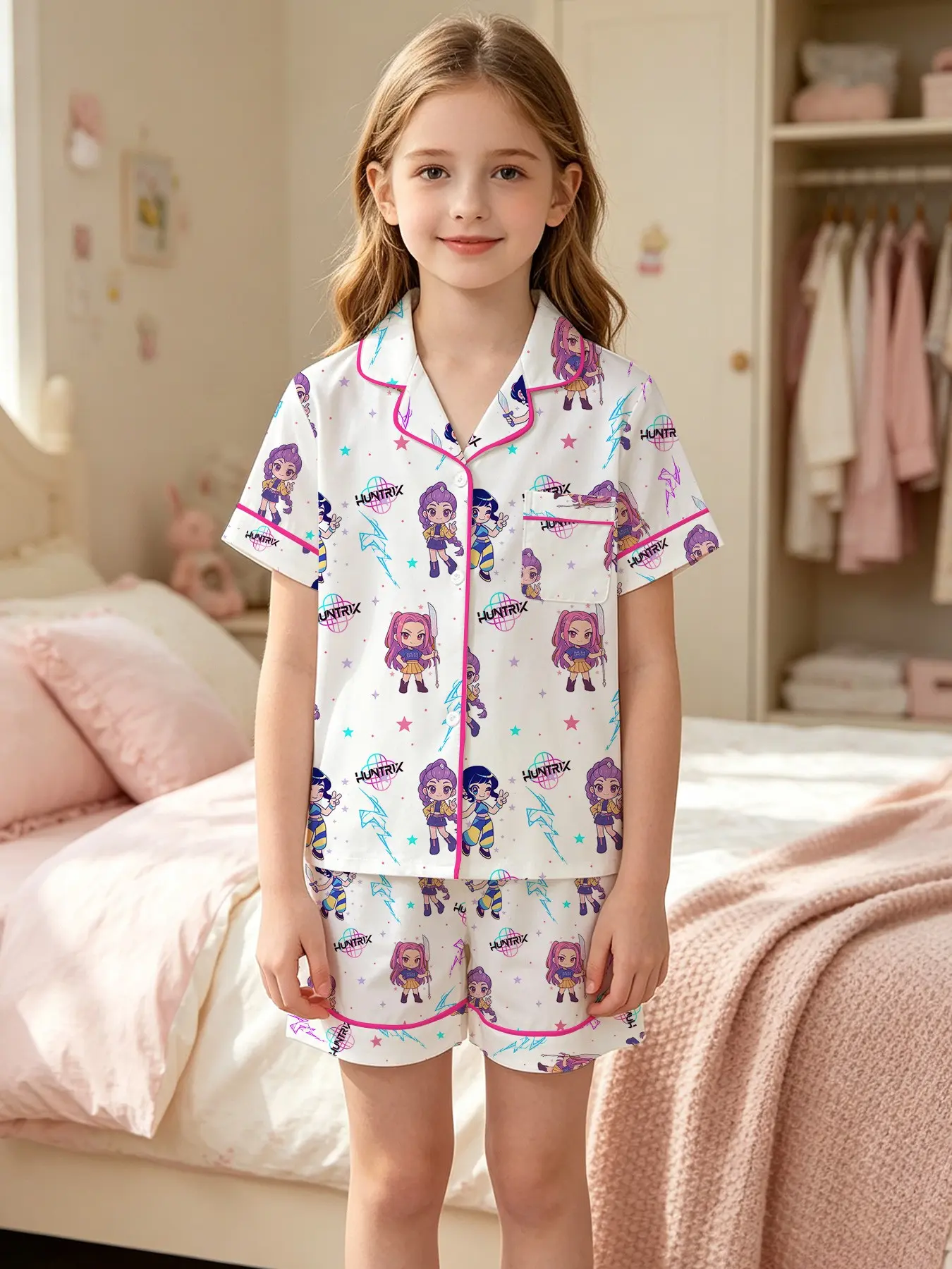 Girl Kpop Demon Hunters Pajama Set, All-Season Comfortable Sleepwear, Creative Lightning Star Cartoon Collar, Casual Fashion, Perfect Gift