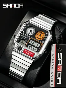 Sanda Men's Square Digital Watch, Steel Band, Temperature Sensor, Stopwatch, Multi-Function, Sporty Style, All Seasons, 44mm Case Diameter