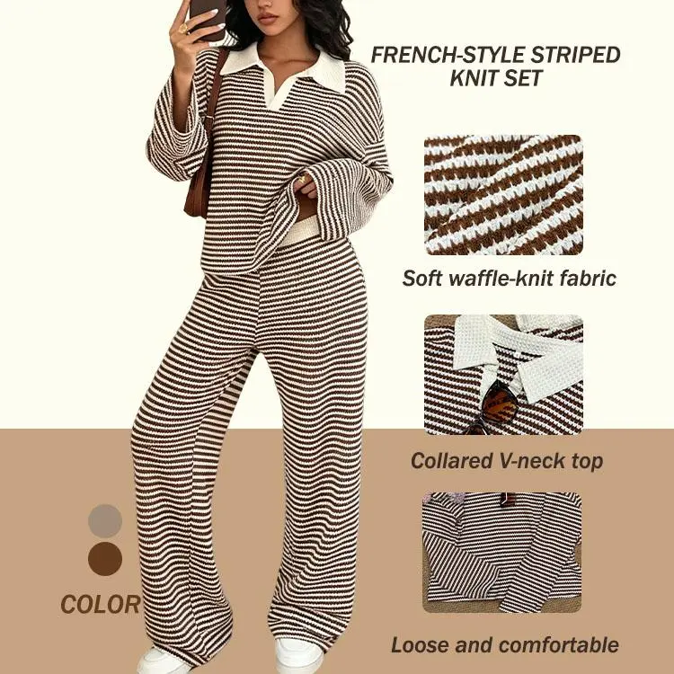 New For Autumn/Winter 2026! French Striped Waffle Knit Set, Loose Two-Piece Set With A Turn-Down Collar.