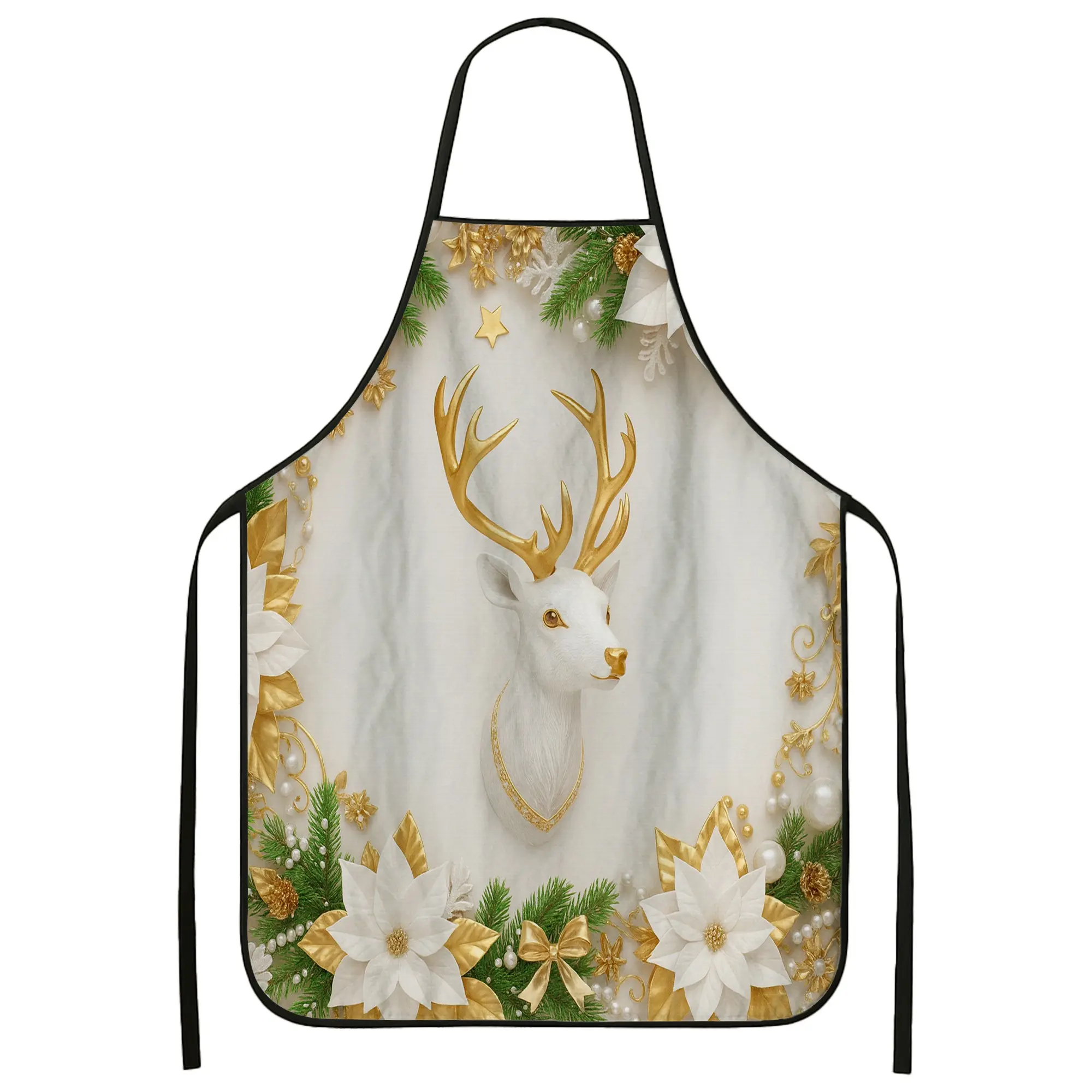 Elegant Holiday Apron with Deer and Floral Design, Festive Kitchen Cooking Apron for Adults, Winter Christmas Decor Washable Apron for Chef Work and Baking