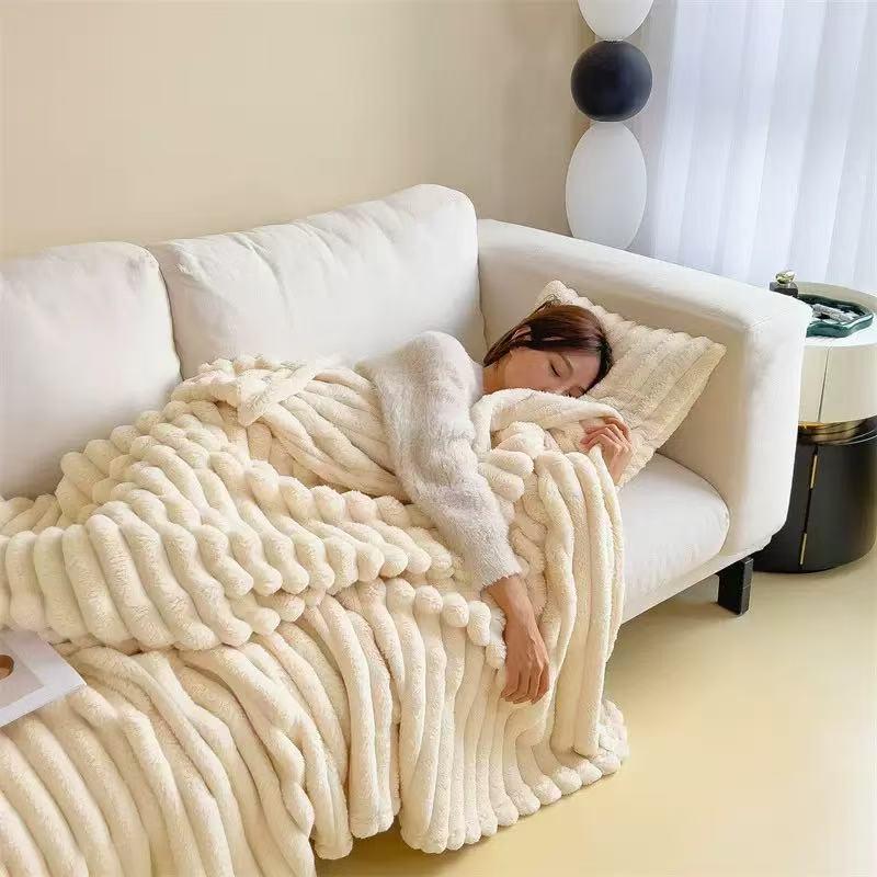 Cloud-like soft rabbit fur sofa blanket - Double-layer thickened soft and warm cream white plush blanket, good decorative quality, suitable as a gift, unisex striped blanket, 50"x60"
