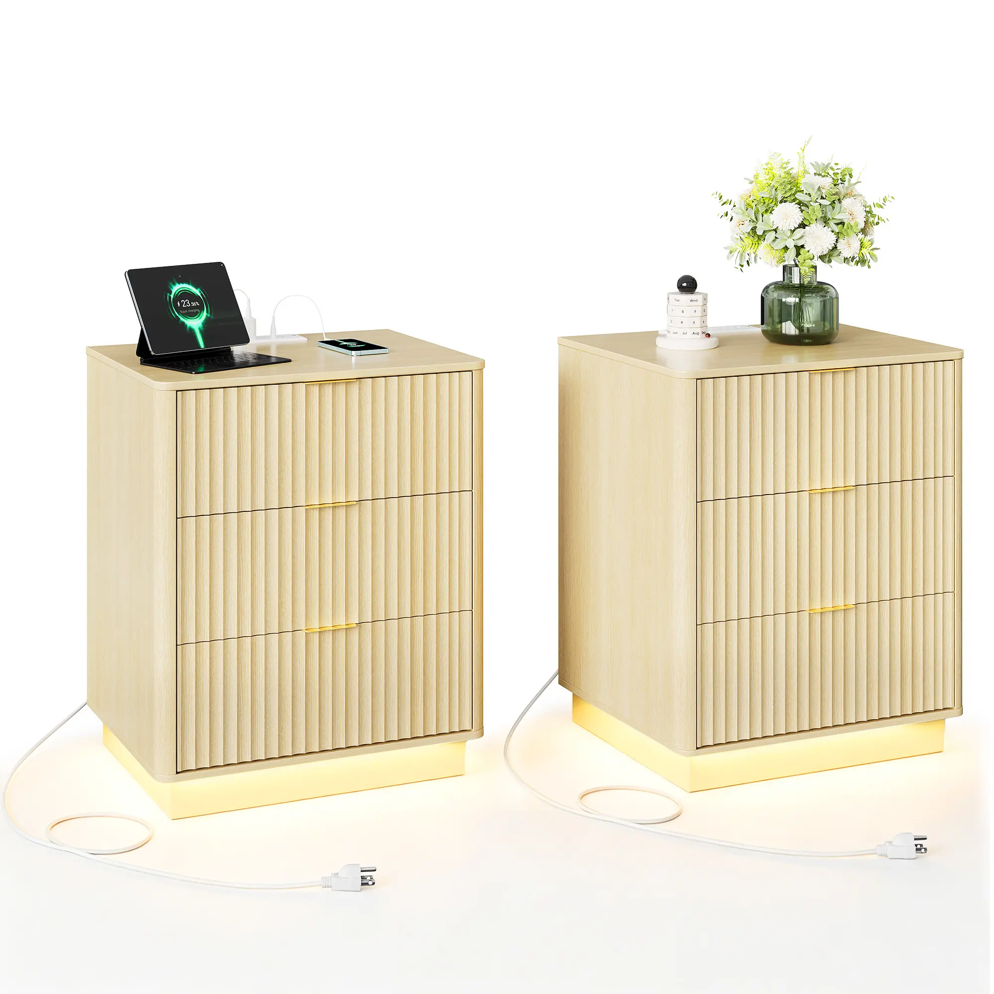 2-Piece Fluted Wooden Nightstands with LED Light, Charging Station, 3 Drawers, Modern Mid-Century Bedroom Bedside Tables, 20"x15.7"x24", Indoor Furniture for Bedroom