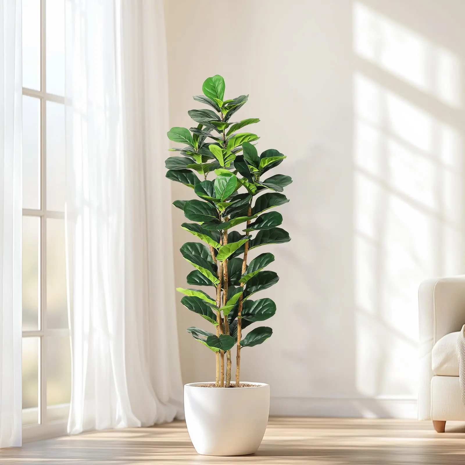 GARVEEArtificial Fiddle Leaf Trees in 5ft, 6ft, and 7ft heights featuring lifelike faux Ficus Lyrata and Rubber Plants with lush green leaves, elegantly potted in white planters for indoor and outdoor decor Decorative Fruit