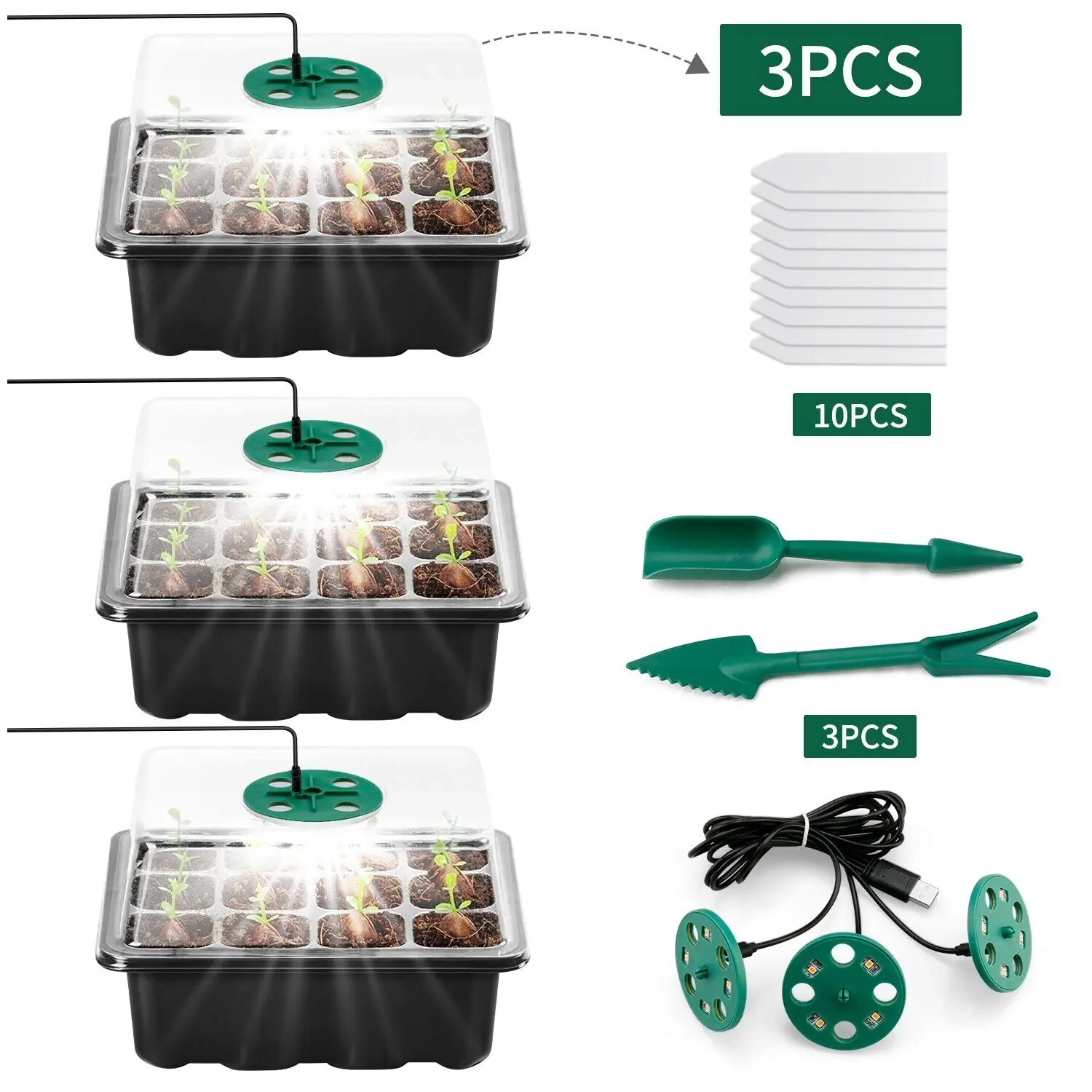 3-Pack Upgraded Seed Starter Trays with Full Spectrum Grow Light, 12-Cell Adjustable Humidity Seed Starting Kit, Portable Indoor Greenhouse with 10 Plant Labels for Flowers, Fruits, Propagation Gardening Supplies Planting Containers Growing Led, Grow Ligh